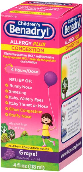 Children's Benadryl Allergy Plus Congestion Grape Flavored Liquid | Hy ...