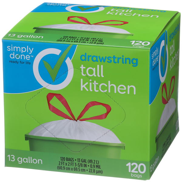 Simply Done Tall Drawstring Kitchen Bags, 13 Gallon, 40 Ct, Plastic Bags