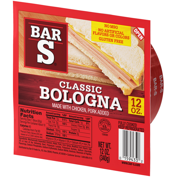 Bar-S Classic Bologna, Gluten Free, No MSG, Sliced Deli Lunch Meat
