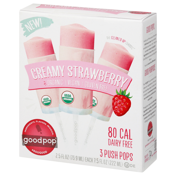 Goodpop Push Pops, Creamy Strawberry, Organic, Vegan & Gluten Free, 3-2.5  fl oz ea