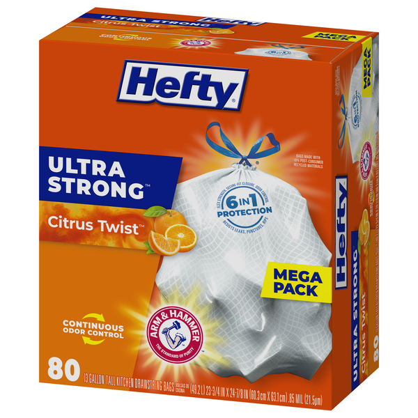 Hefty Ultra Strong Tall Kitchen Trash Bags, 13 Gallon Citrus Twist Scent, 80 Count (Pack of 1), White