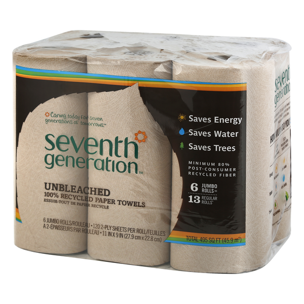 Seventh Generation Paper Towels, Jumbo Rolls, Unbleached, 2-Ply - 6 rolls