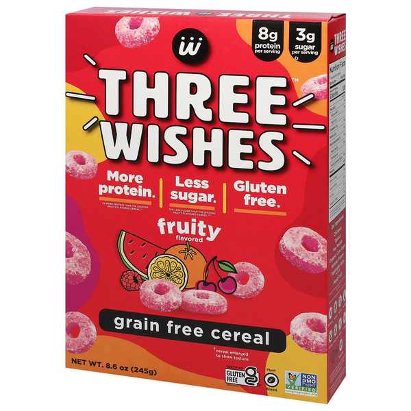 Plant-Based and Vegan Breakfast Cereal by Three Wishes - Fruity, 1 Pack -  More Protein and Less Sugar Snack - Gluten-Free, Grain-Free - Non-GMO