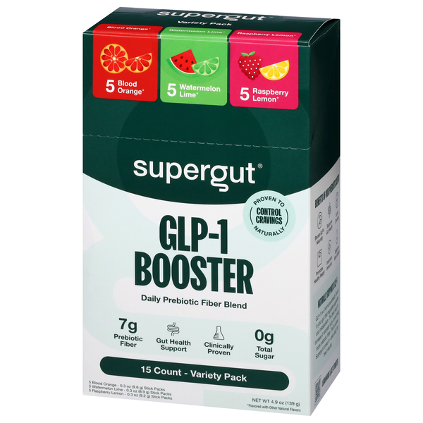 the gut health glp 1 booster Supergut GLP-1 Booster, Daily Prebiotic Fiber Blend, Variety Pack, Blood  Orange/Watermelon Lime/Raspberry Lemon Flavored, 15-0.3 oz Stick Packs