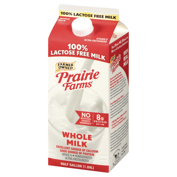 Prairie Farms Whole Lactose Free Milk, Vitamin D, UHT, Half Gallon