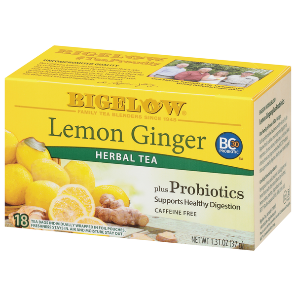 Bigelow Lemon Ginger Probiotics, Caffeine Free Herbal Tea Bags, 18